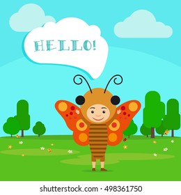 Kid in fancy insect dress with speech bubble in kindergarten. Vector Illustration