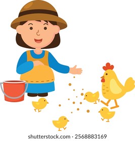 Kid Farm Girl Feeding Chicken