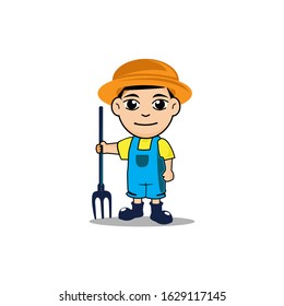 Kid farmer cartoon vector illustration, kids with straw hat and fork mascot logo design