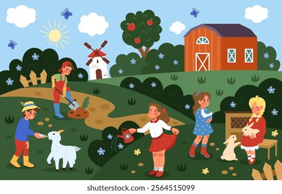 Kid farmer. Cute village zoo with children. Child care in countryside. Fun animal farm. Farmyard pets, childhood livestock, boys and girls feed goat. Vegetables harvest. Vector cartoon tidy background