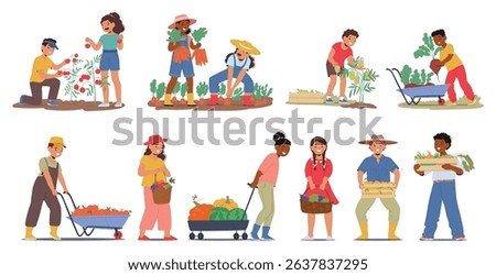 Kid farmers cartoon characters harvesting fruits, vegetables enjoying agricultural activity set. Boys girls children gathering garden products carrying crop in crates, baskets vector illustration