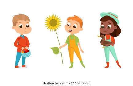 Kid farmers working on farm set. Boy and girl gardener harvesting and taking care of farm animals cartoon vector illustration