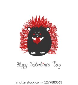 Kid fashion graphic with smile black hedgehog with red needles and doodle heart. Vector hand drawn illustration. Baby t-shirt print funny quote. St valentine day love greeting card