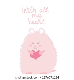 Kid fashion graphic with smile pink hamster or guinea pig. Vector hand drawn illustration and text - with all my heart. Baby t-shirt print funny quote. St valentine day love greeting card