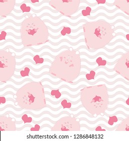 Kid fashion graphic with smile pink hamster or guinea pig with heart. Vector hand drawn illustration.  Baby seamless pattern print. St valentine day love textile design with cute animal on color wave.