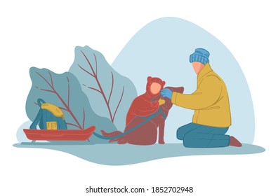 Kid and father with pet and sledges, wintertime holidays and leisure. People spending time outdoors in park with dog. Canine animal and child with dad. Leafy bushes and trees. Vector in flat style