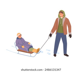 Kid and father sliding on tube and sledge down hill on winter holiday. Family riding sleds on slope covered with snow in cold snowy weather, having fun in frost. Flat cartoon vector illustration