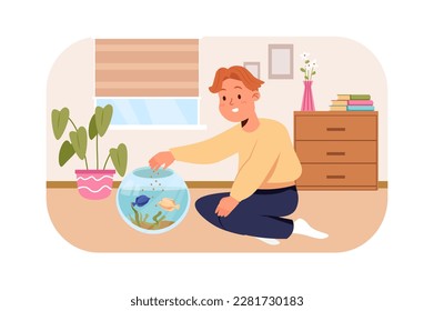 Kid feeding fish kids concept with people scene in the flat cartoon style. Boy takes care of pet fish and poured feed into the aquarium. Vector illustration.