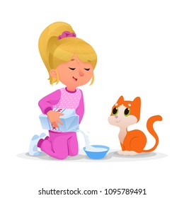 Kid feeding her pet milk. Cartoon vector illustration isolated on white background