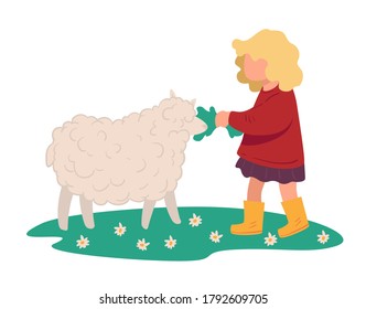 Kid feeding sheep, blonde female character with animal on meadow with glass and flowers. Farming and helping with care for mammals. Countryside or rural area activities in summer, vector in flat
