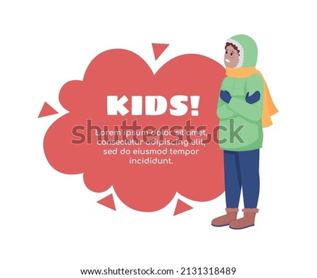 Kid feeling cold quote textbox with flat character. Speech bubble with creative cartoon illustration. Color quotation isolated on white background. Sigmar One, Comfortaa fonts used