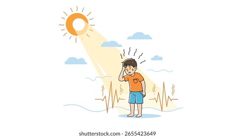 Kid feeling overheated under direct sunlight on a hot summer day illustration