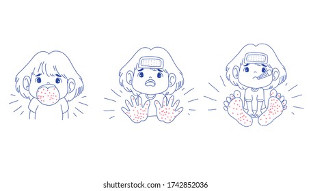 Los niños se están sintiendo enfermos. Diseño de carácter de dibujos animados del vector. Vector de la fiebre aftosa manual. Estilo de ilustración de Doodle.