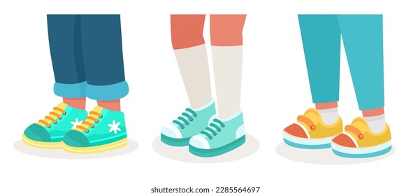 Kid feet in sneakers. Walking legs in sport shoes with socks, pants and jeans. Trendy fashion fitness footwear concept