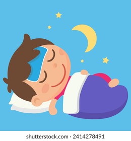 Fiebre infantil enferma en temporada de lluvias. El chico se enferma. durmiendo en la cama con los ojos cerrados. ilustración vectorial. comprimir la fiebre infantil.  Niño enfermo de caricatura con alta temperatura
