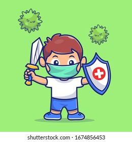 Kid Fight Corona Virus Vektorillustration Icon Illustration. Corona Mascot Cartoon Charakter. Die Menschen symbolisieren das Konzept weiß isoliert. Flacher Cartoon-Stil geeignet für Web-Landing-Page, Banner, Flyer, Aufkleber, Karte
