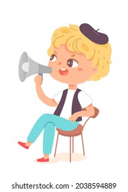 Kid film director, movie cinema production cinematography vector illustration. Cartoon boy filmmaker character sitting in studio chair with megaphone, tv producer working with actors isolated on white