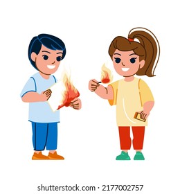 kid fire play vector. danger home girl boy, safety together, little youth, matches kid fire play character. people flat cartoon illustration