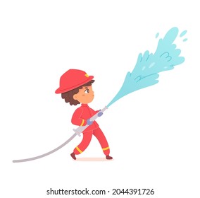 Kid firefighter with hose vector illustration. Cartoon boy child fireman character in red helmet uniform holding firehose with flowing water from fire hydrant, fire fighting children isolated on white background