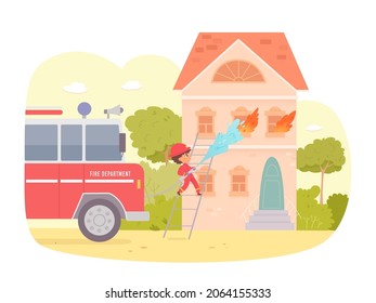 Kid firefighter on emergency call alarm for house fire vector illustration. Cartoon boy fireman child character holding firehose equipment with flowing water from car firetruck isolated on white