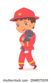 Kid Firefighter Rescuing Cat Vector Illustration. Cartoon Boy Child Fireman Character In Red Helmet Uniform Costume Holding Cute Pet Animal To Rescue And Help, Children Rescuers Work Isolated On White