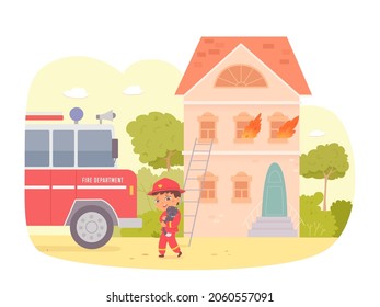 Kid firefighter rescuing cat vector illustration. Cartoon boy child rescuer character holding pet animal to help, rescue from flame fire in house building, fire department work isolated on white