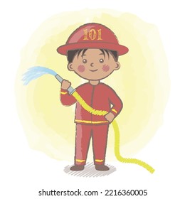 Kid Firefighter Vector Illustration. Firefighter With Firehose. Career Day In Kindergarten. Fireman Isolated Vector Illustration. Flat Kid Character. Fireman Child. 