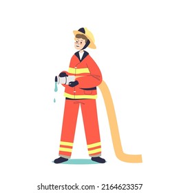 Kid fireman. Small boy child in red uniform holding water hydrant hose work as firefighter. Children and different professional occupation concept. Cartoon flat vector illustration