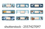 Kid first aid bandages. Cute medical patch for children with cartoon arctic animals, adhesive plasters decoration, sterile plaster design, sticky strip sticker vector illustration.