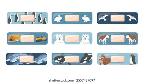 Kid first aid bandages. Cute medical patch for children with cartoon arctic animals, adhesive plasters decoration, sterile plaster design, sticky strip sticker vector illustration.