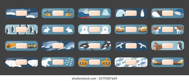 Kid first aid bandages. Cute medical patch for children with cartoon arctic animals, adhesive plasters decoration, sterile plaster design, sticky strip sticker vector illustration.