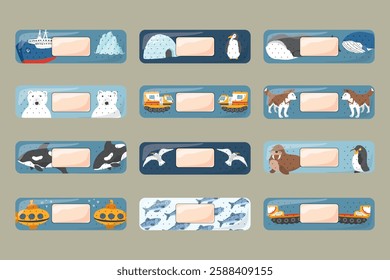 Kid first aid bandages. Cute medical patch for children with cartoon arctic animals, adhesive plasters decoration, sterile plaster design, sticky strip sticker vector illustration.