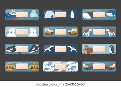 Curativos de primeiros socorros. Patch médico bonito para crianças com desenhos animados animais árticos, decoração adesiva gesso, design esterilizado gesso, fita adesiva ilustração vetor.