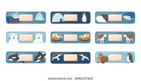 Curativos de primeiros socorros. Patch médico bonito para crianças com desenhos animados animais árticos, decoração adesiva gesso, design esterilizado gesso, fita adesiva ilustração vetor.
