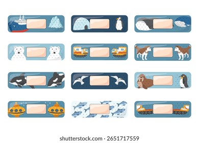 Curativos de primeiros socorros. Patch médico bonito para crianças com desenhos animados animais árticos, decoração adesiva gesso, design esterilizado gesso, fita adesiva ilustração vetor.