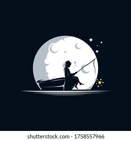 Kid fishing in the moon logo design template