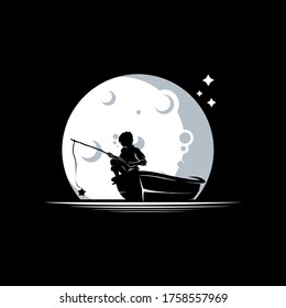 Kid fishing in the moon logo design template