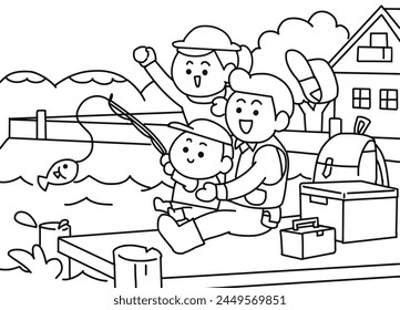 Kid fishing with parent cartoon style.