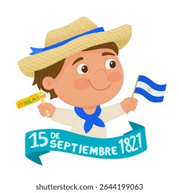 Kid with flag of Nicaragua, celebrating the Independence Day. September 15.