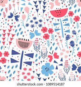 Kid flower and butterfly summer seamless pattern. Vector background. Wrapping. Surface design.