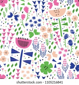 Kid flower and butterfly summer seamless pattern. Vector background. Wrapping. Surface design.