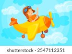 Kid flying airplane. Child boy fly in plane, kids tourism air adventure little pilot propeller aircraft aeroplane toy baby cartoon airman freedom flight, neat vector illustration original artwork