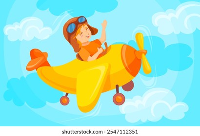 Avião voador infantil. Criança menino voar no avião, crianças turismo aventura ar pequeno piloto hélice avião brinquedo brinquedo desenho animado bebê aviador voo liberdade, ilustração vetor puro arte original