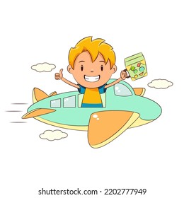 Kid flying in airplane, freedom concept, happy cute child