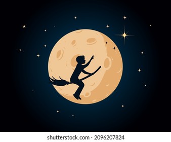 Kid flying broom at night over the moon