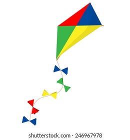 Kid flying colorful red, yellow,blue, green paper kite vector isolated