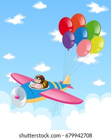 Kid flying jet with balloons in the sky illustration