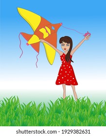 Kid and flying kite in field with blue sky outside in summer time. Vector illustration cartoons of child girl playing in park sun day.