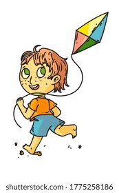 Niño volando cometa. Aislado niño lindo corriendo y volando juguete de cometas. Caricatura de personaje de dibujos animados de una persona infantil feliz con vectores, icono de juego. Actividad al aire libre de verano diversión y dibujo infantil