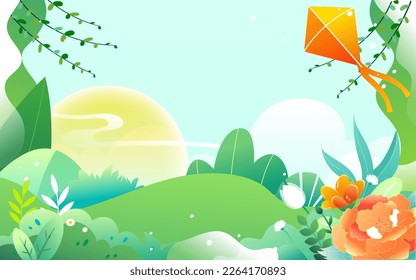 Kid flying a kite outdoors in spring with mountains and plants in the background, vector illustration